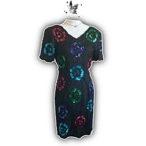 Vintage black multicolor floral sequins